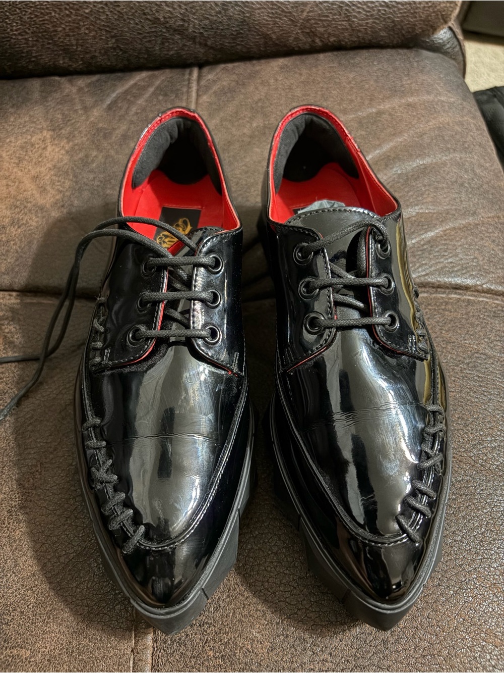 Kat Von D Black Patent Oxford Shoes with Red Interior